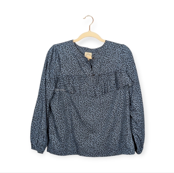 J. Crew Blue Leopard Chambray Ruffle Front Long Sleeve Top Size S - Picture 1 of 9